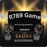 R789 Game casino image showing glowing playing cards, poker chips, dice.