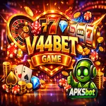 V44bet Game casino slots with reels, chips, and APKSbot logo.