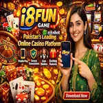 i8Fun Game online casino with a woman holding a smartphone and casino elements in the background.